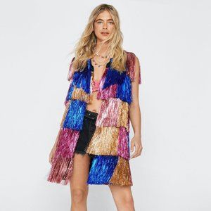 NASTY GAL Longline Sleeveless Tinsel Jacket Multicolor Music Festival Rave Vest